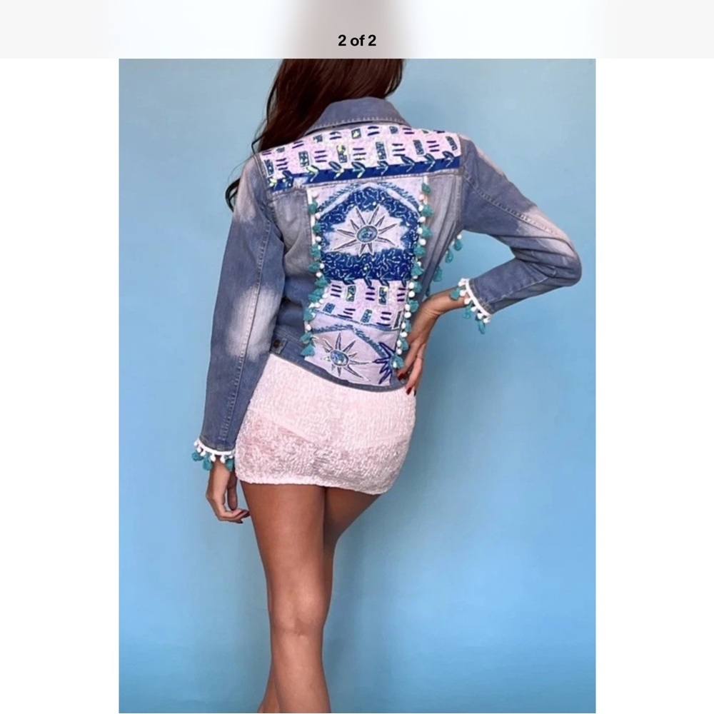 Antica Sartoria Denim Jacket With Sun Beads & Tassels Size Small - Picture 2 of 2